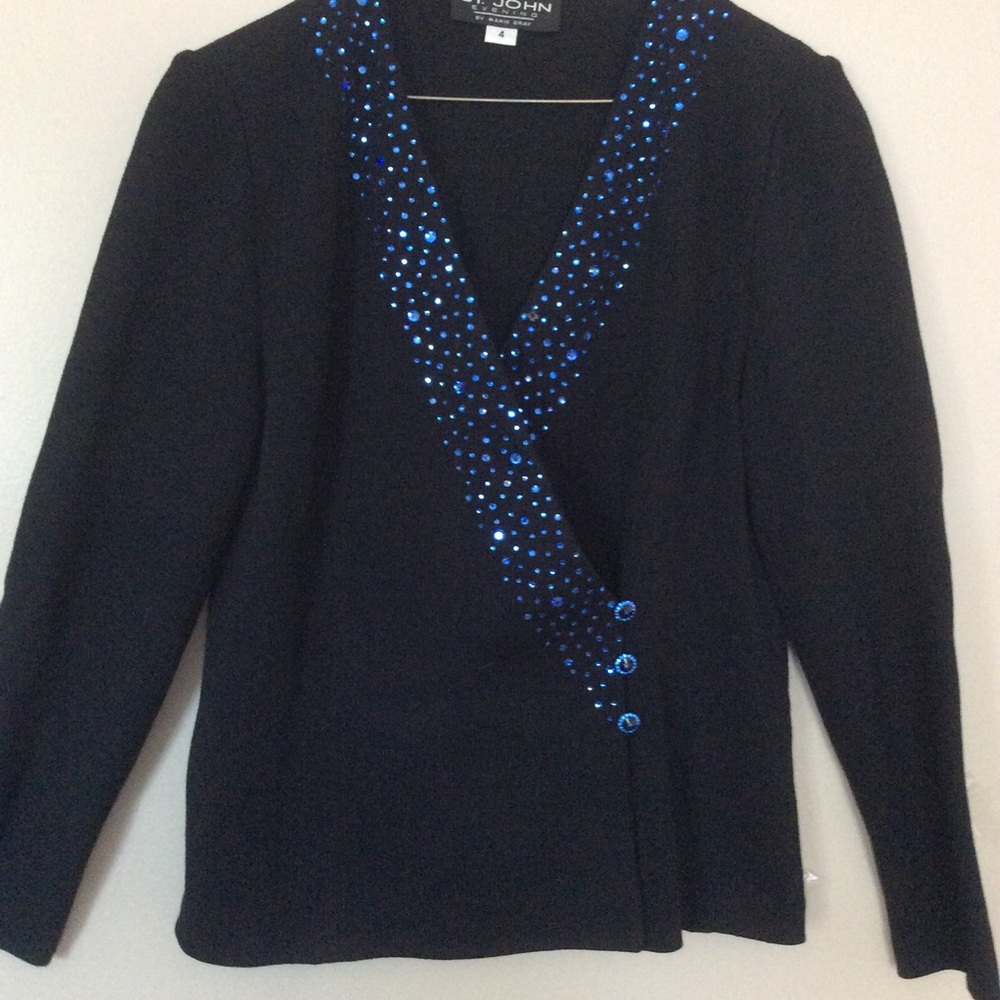 St John’s black knit jacket with sky blue beading